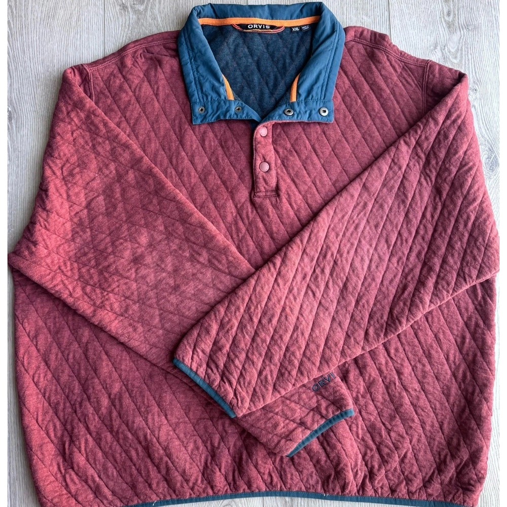 Orvis Sweater Mens XXL Orange Rust Snap Henley Quilted Knit Heavyweight